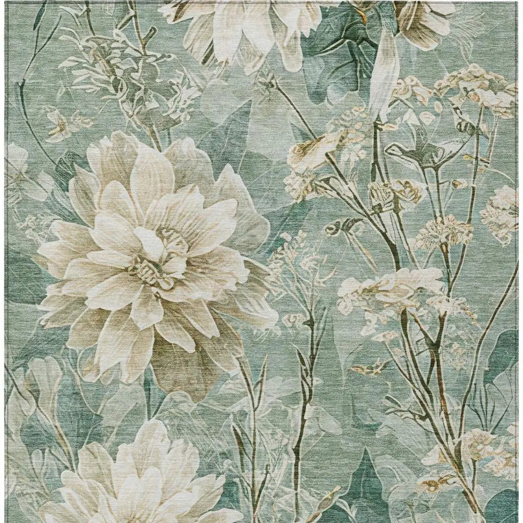 10' X 14' Green And Beige Floral Washable Indoor Outdoor Area Rug Homeroots Outdoor